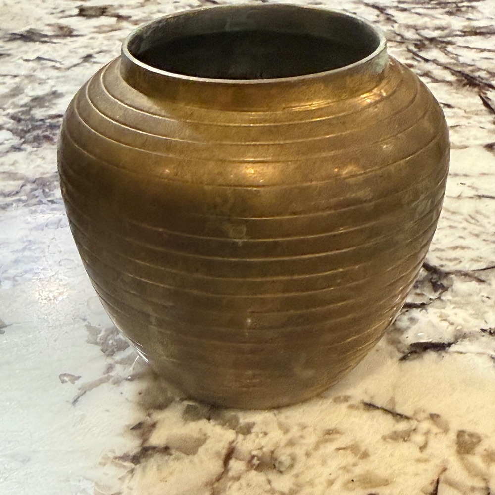 1.a.0.0.3.c Vtg Brass Ribbed Planter Pot Round Cachepot Vase Boho Decor 3.25"